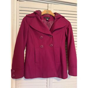 NEW YORK & COMPANY Women's Size 2 Coat Jacket Wool Blend‎ PeaCoat Purple Hooded